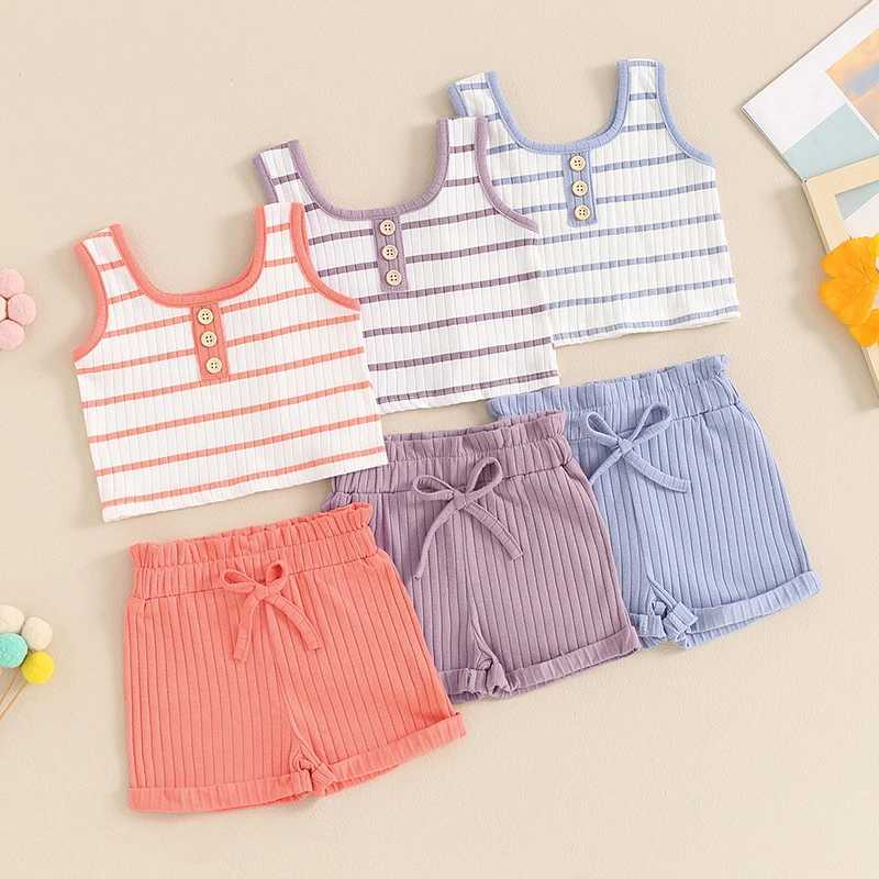 Clothing Sets 2024-04-01 Lioraitiin Toddler Baby Girl Summer Ribbed Set Striped Round Neck Sleeveless Tank Tops Elastic Waist Shorts Outfits
