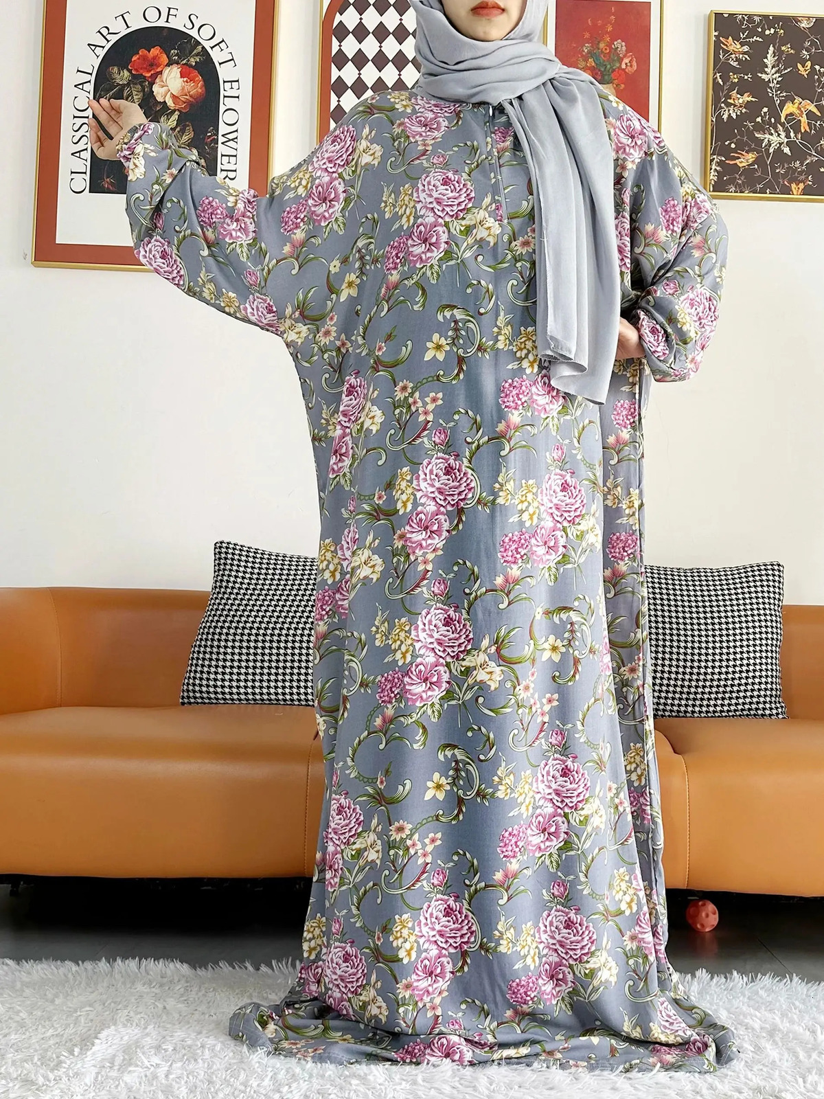 Printed Cotton Abayas for Women Ramadan Prayer Garment Dubai Turkey Middle East Femme Robe Loose Dress Turban Joint 240712