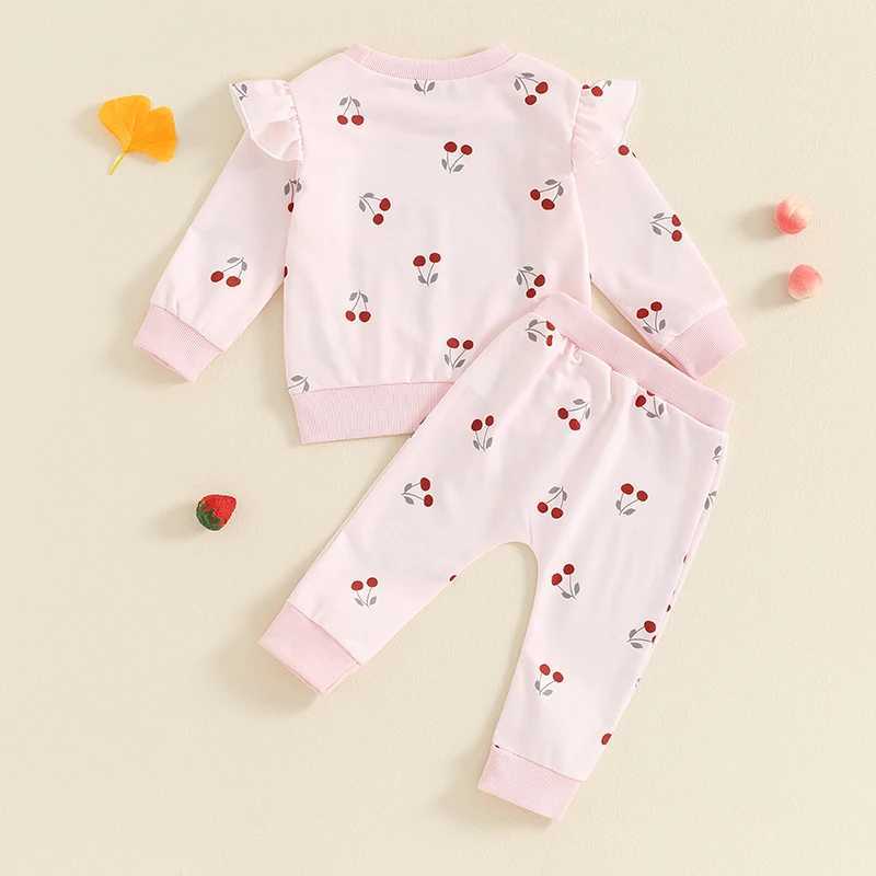 Clothing Sets 2024-05-23 Lioraitiin Baby Girl Fall Outfit Cherry Print Round Neck Long Sleeve Tops Elastic Waist Pants 2 Piece Set