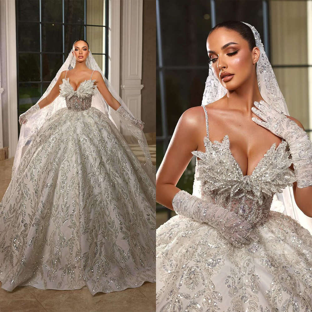Gorgeous special Dresses Beads Sequins Appliques Lace Ball Bridal Gowns Custom Made Sexy Spaghetti Straps Sweep Train Robe