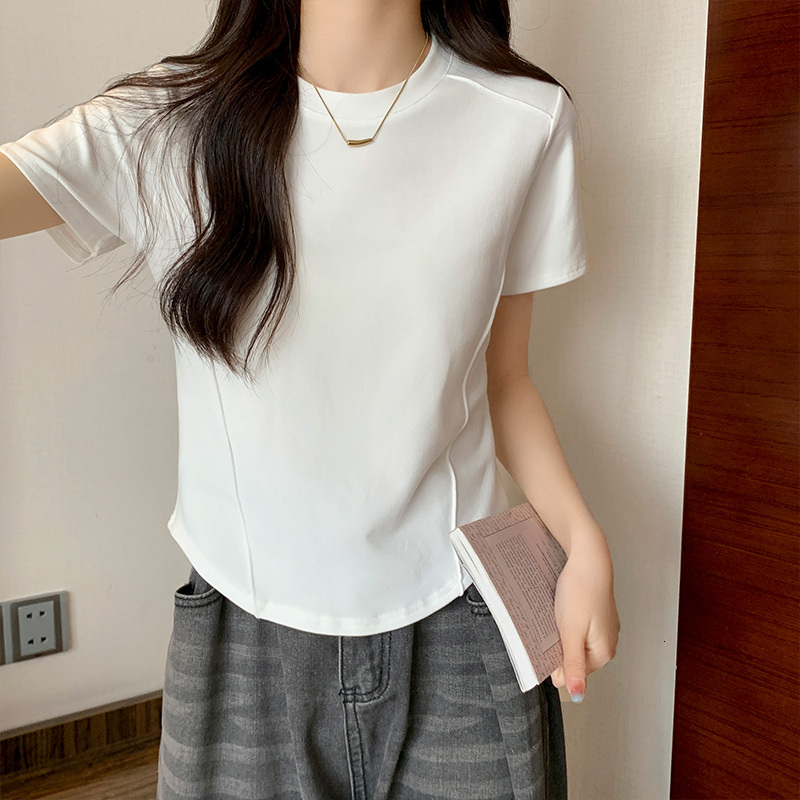 White short sleeved t-shirt for women 2023 spring and summer new round neck solid color versatile slim fishbone top