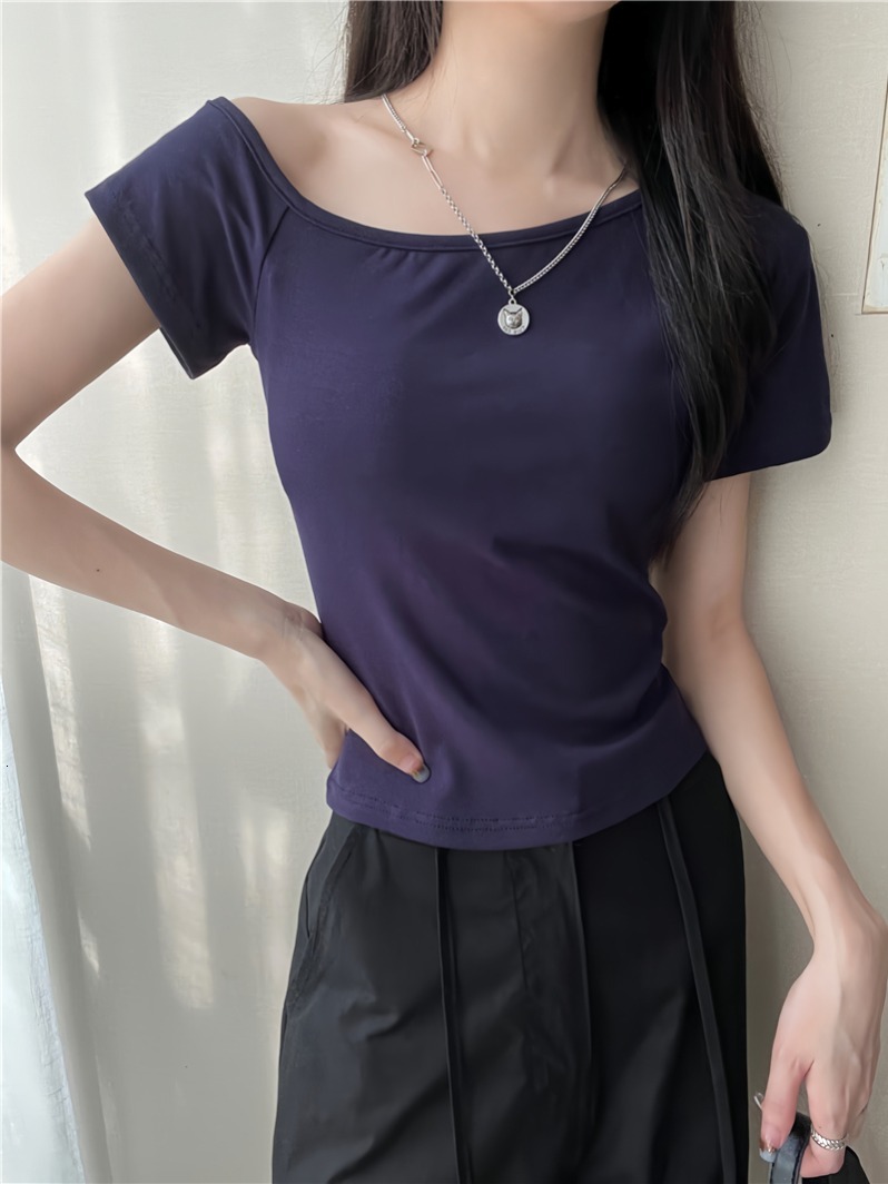 New summer style slanted shoulder sleeved slim fit T-shirt short top for women