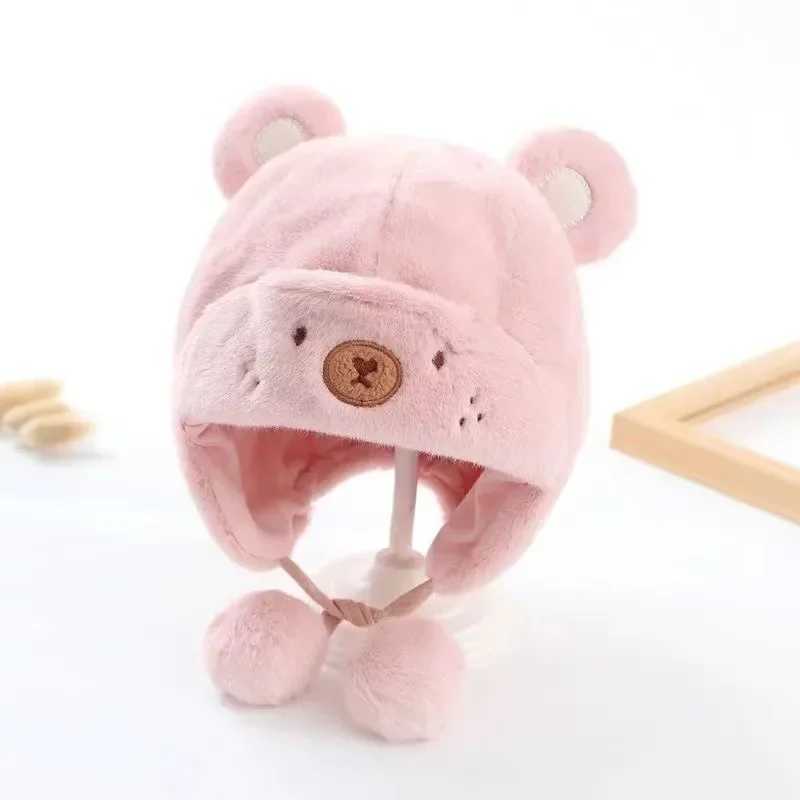 Cute winter warm childrens girl boy baby hat wool hem hat solid wool earmuffs with balls soft newborn hatW240715