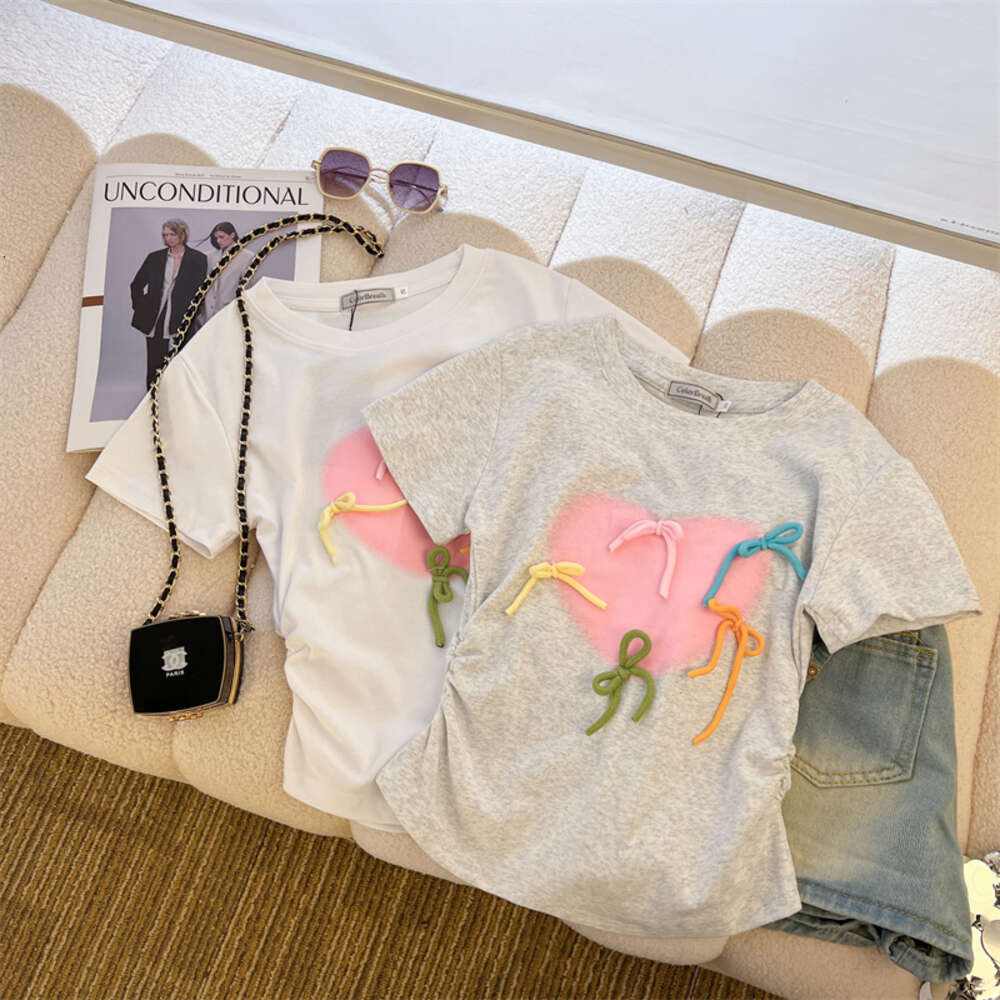 92 cotton/8 spandex 40 count 210g pure cotton color rope bow short sleeved T-shirt for women