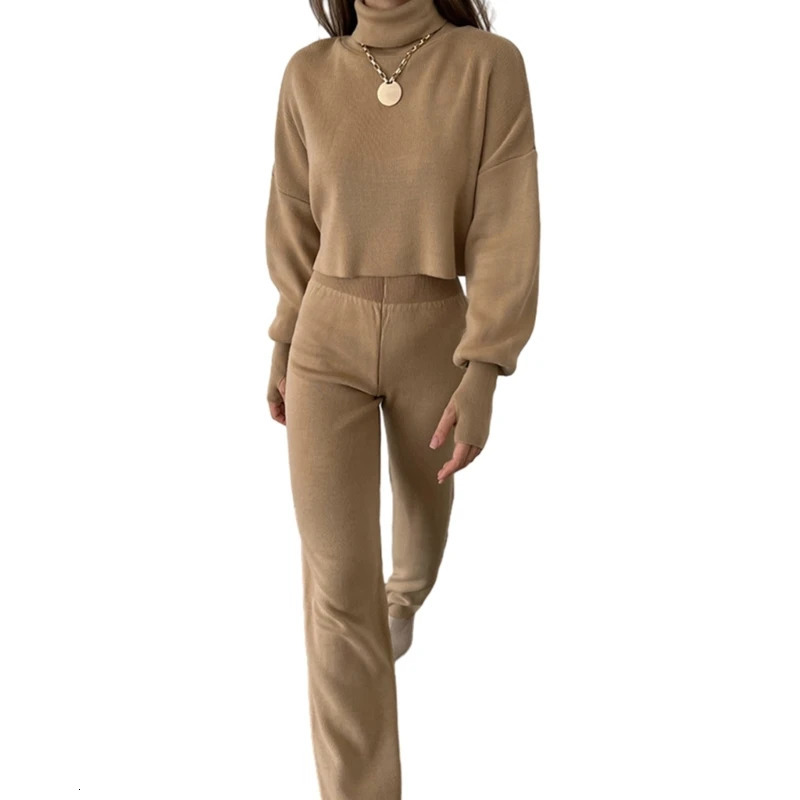 Womens Fall Solid Knitted 2 Pieces Set Long Sleeve Turtleneck Pullover Sweater Top and High Waist Pants Loose Outfits N7YD 240712