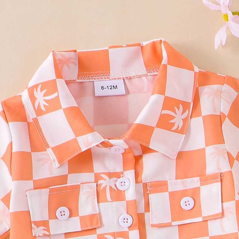 Clothing Sets 2024-05-20 Lioraitiin Kid Girl Boy Summer Outfits Checkerboard Print Short Sleeve Lapel Button Down T-Shirt Elastic Waist Shorts