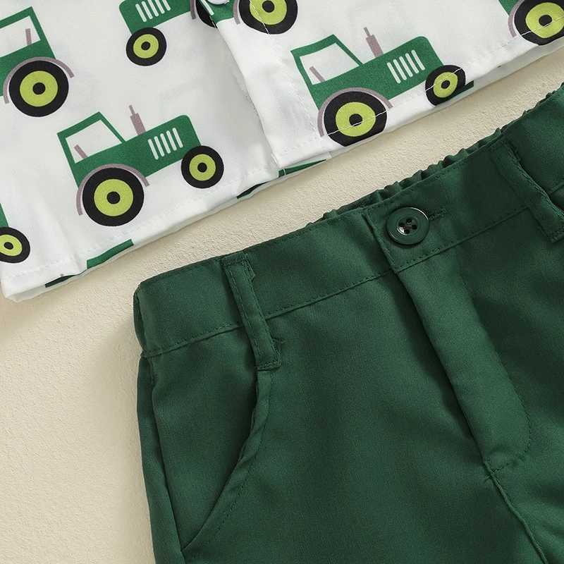 Clothing Sets 2024-05-09 Lioraitiin Little Boys Farm Outfits Tractor Print Short Sleeve Lapel Button Down Shirt with Solid Color Shorts Sets