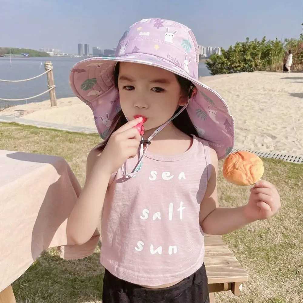 UV resistant childrens beach hat bucket hat baby sun hat girl with whistle boy outdoor collar earmuffsW240715