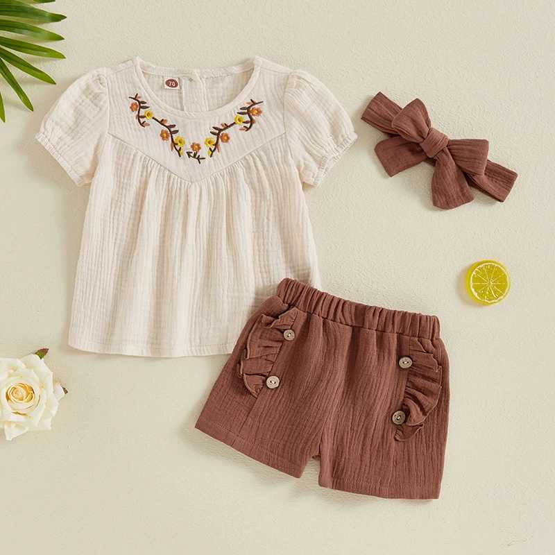 Clothing Sets 2024-05-07 Lioraitiin Kids Girls Summer 3PCS Outfits Short Sleeve O-Neck Floral Embroidery T-shirt Tops and Shorts Headband Sets