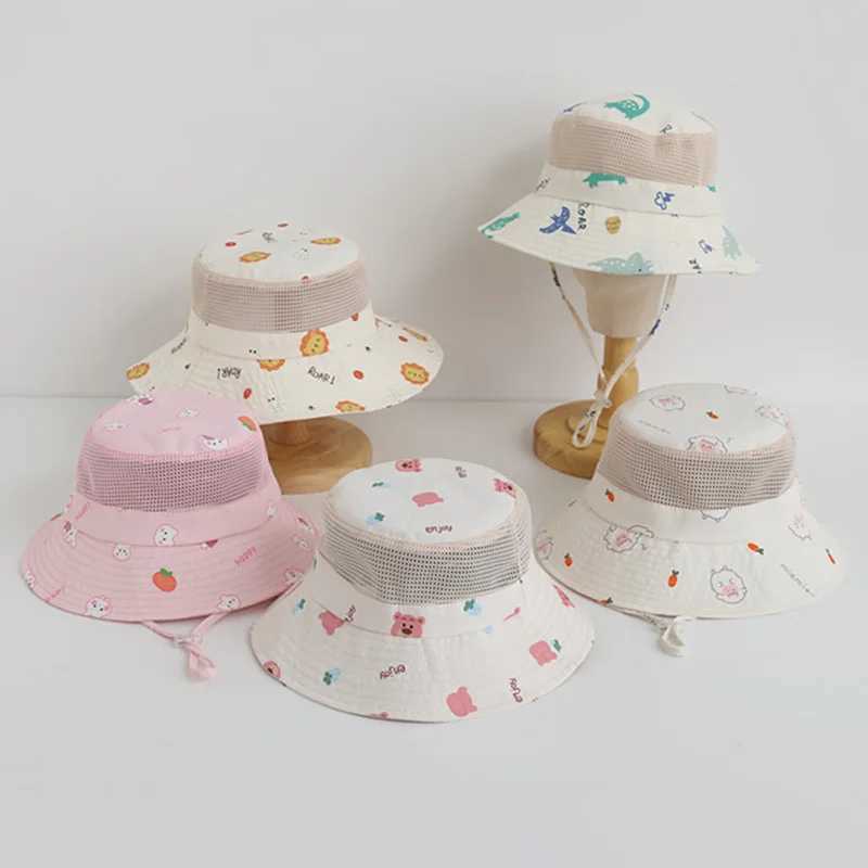 Childrens Summer Hat Cartoon Printing Mesh Bucket Hat Girls Beach Boys UV Protection Accessories Childrens Project 3-8 YearsW240715