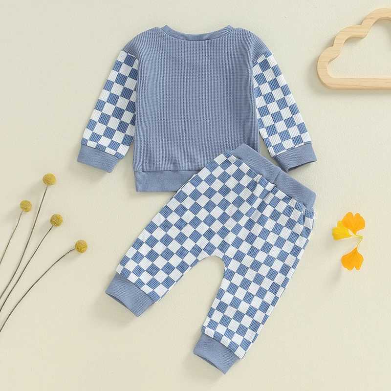 Clothing Sets Baby Boy Waffle Clothes Toddler Outfit Checkerboard Long Sleeve Sweatshirt Elastic Waist Pants with Pockets 2 Piece Set for Fall 0TLA