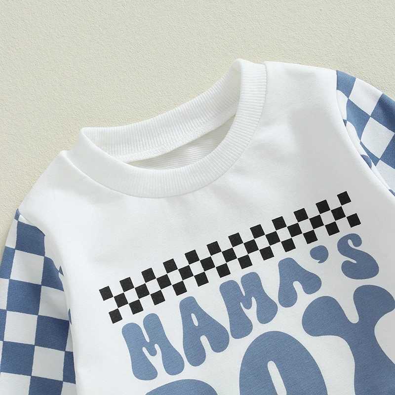 Clothing Sets 2024-05-30 Lioraitiin Boys Autumn 2PCS Outfit Sets Long Sleeve O Neck Letter Checkerboard Print Tops Drstring Pants Sets