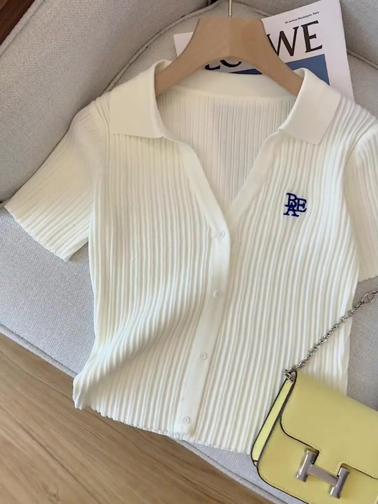 Polo shirt top women's summer V-neck card waist French dopamine stature ice silk knitted black short sleeved T-shirt