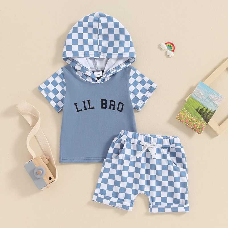 Clothing Sets 2024-03-06 Lioraitiin Toddler Boys Summer Clothes Set Short Sleeve Letter Checkerboard Print Hooded Tops+Drstring Short Set