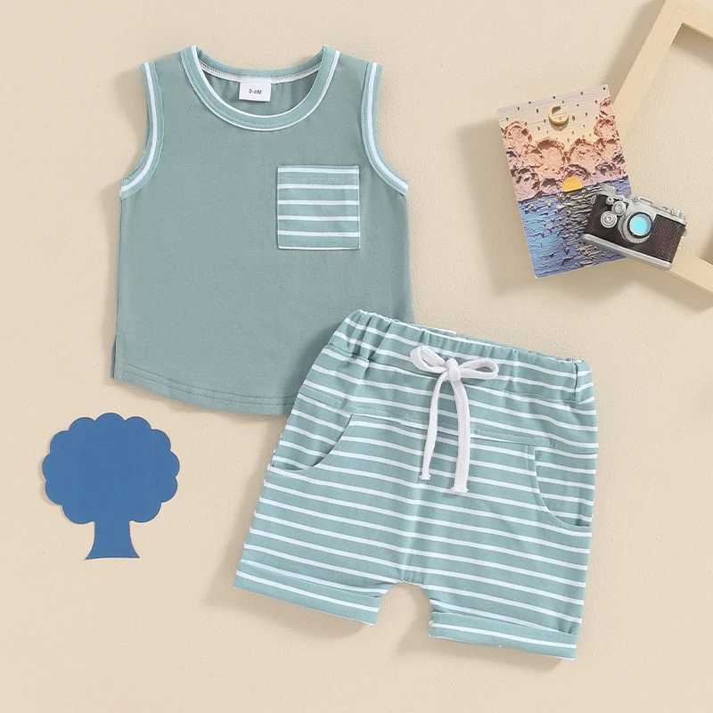 Clothing Sets 2024-03-04 Lioraitiin Toddler Boys Summer Outfits Pocket Sleeveless Tank Tops and Stripe Elastic Waist Shorts Clothes Set