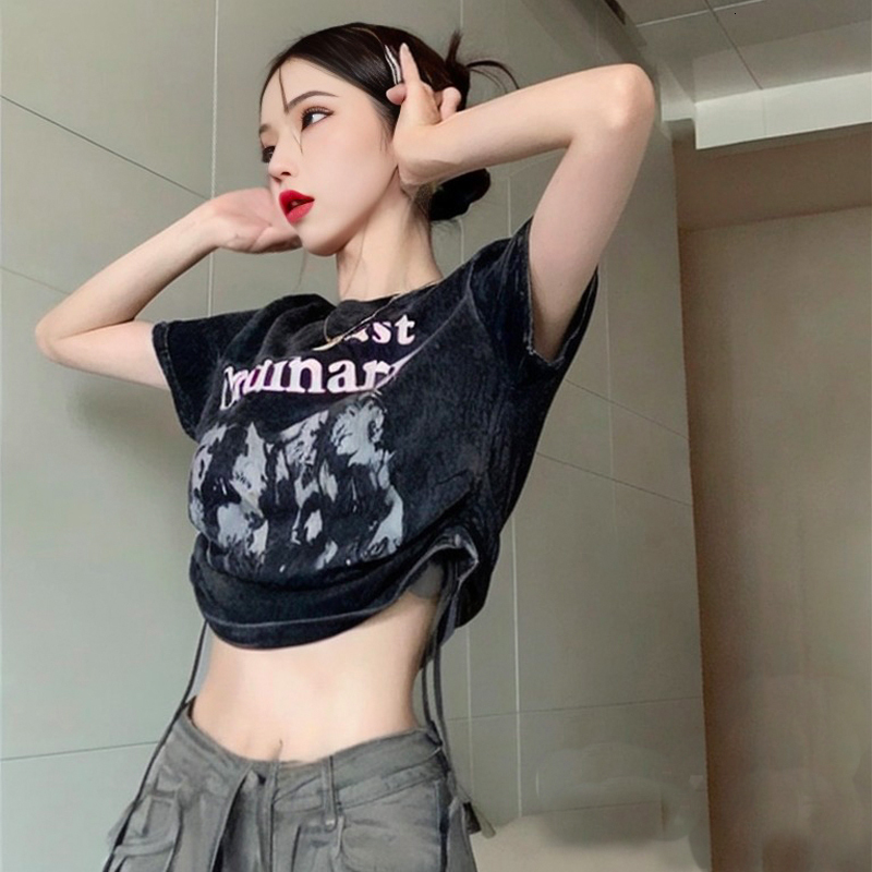 Official photo/26 count pure cotton washed/short sleeved t-shirt women's drawstring short style spicy girl exposed navel top