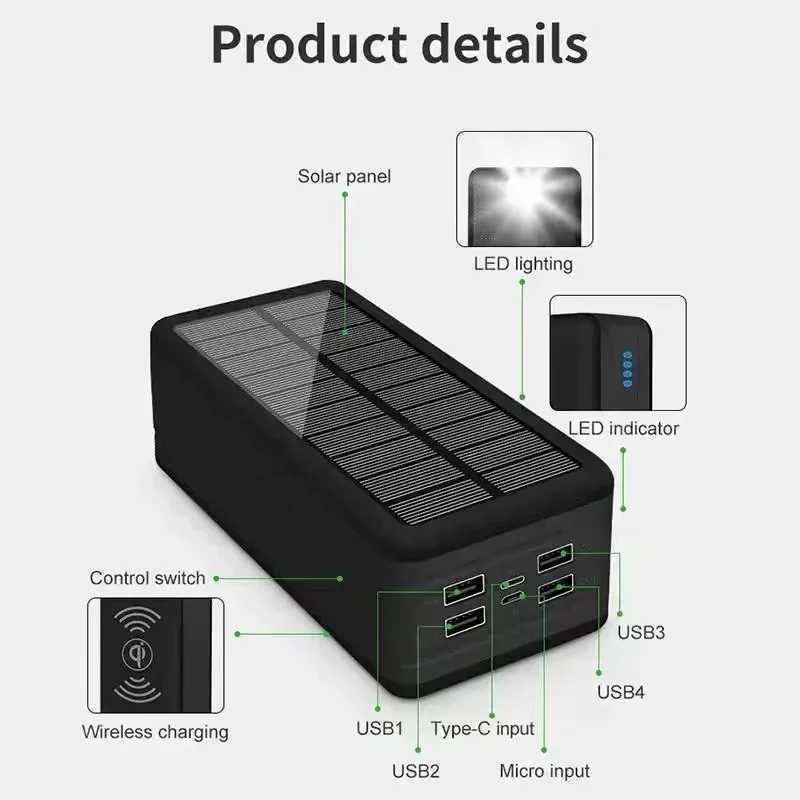 100000mAh Solar Power Bank Mobile Phone Wireless Charging Large Capacity External Battery Fast Charging For Travel And CampingM240715