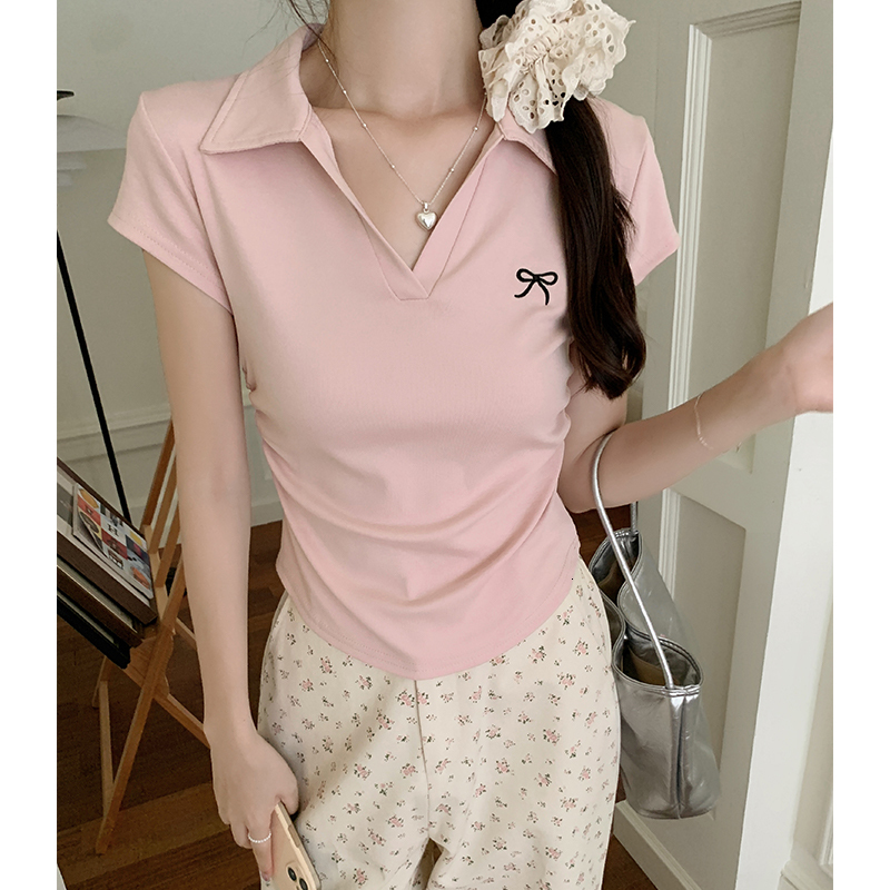 Bow Embroidered Pure Cotton T-shirt for Women Summer POLO Collar, Slim Fit, Wrinkled Irregular Western Style Top