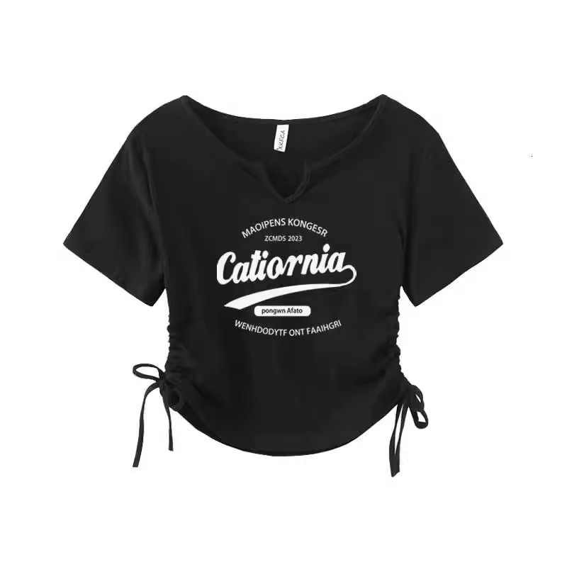 220g pure cotton spicy girl women's drawstring pleated trendy brand design sense Korean version top printed short sleeved T-shirt