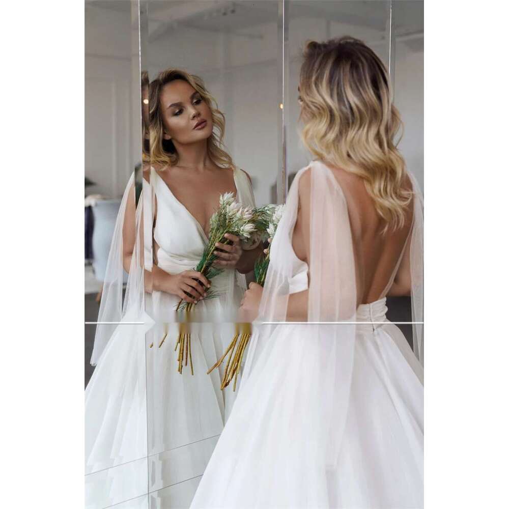 Deep V-neck Organza and Tulle Plus Size Wedding Dress Sexy Backless 28W Bridal Gowns Simple