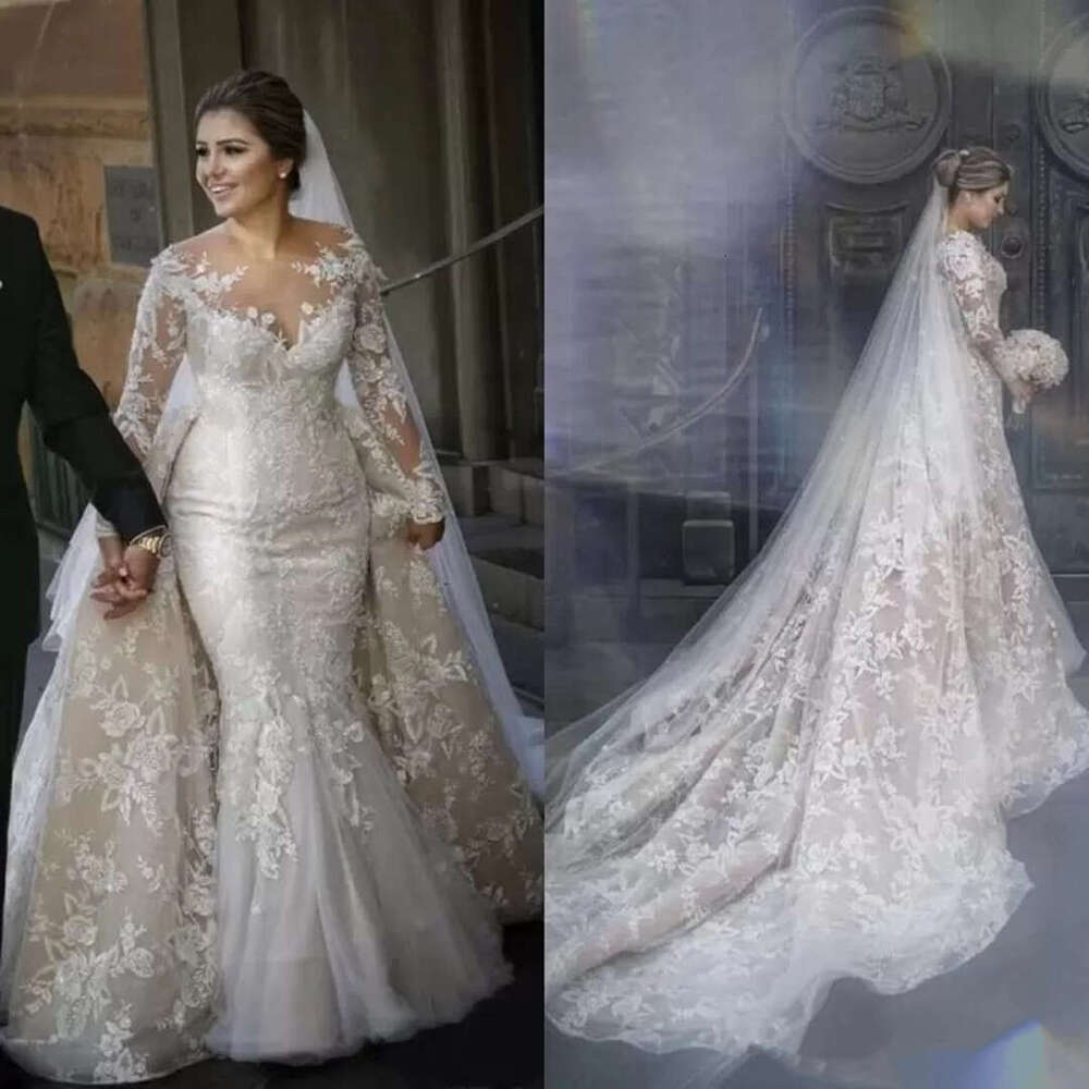Vintage Mermaid special Dresses with Detachable Train Arabic Sheer Neck Lace Appliques Plus Size Long Sleeve Bridal Gowns