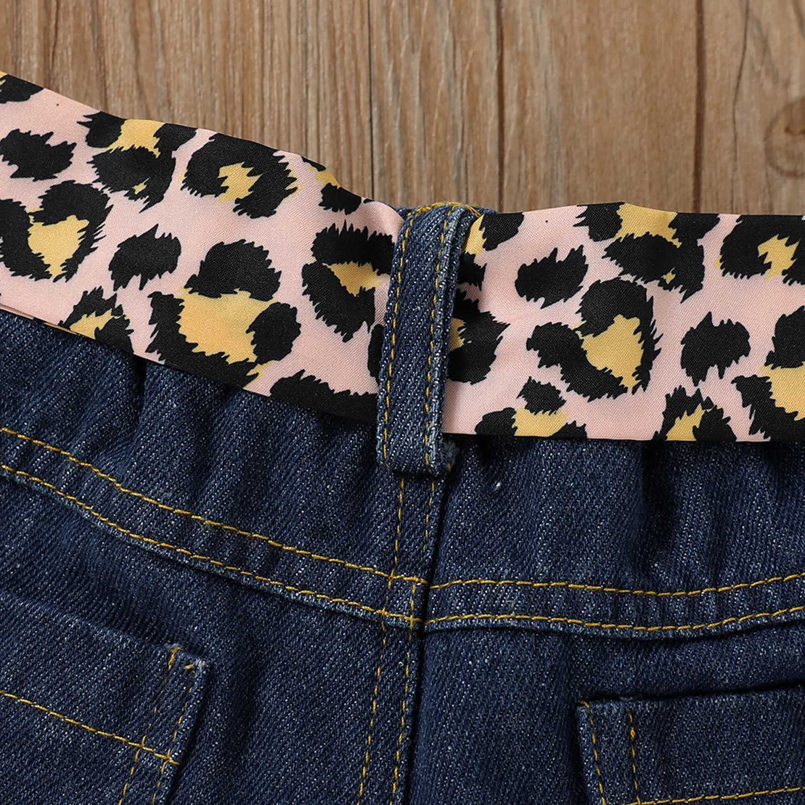 Clothing Sets 2022-02-12 Lioraitiin 0-5Years Toddler Little Girls 3PCS Suit Off-Shoulder Short Flared Sleeve Tops Leopard Belt Denim Pants