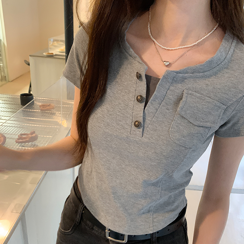 Pocket decoration temperament shoulder short sleeved T-shirt for women's summer 2024 new small top