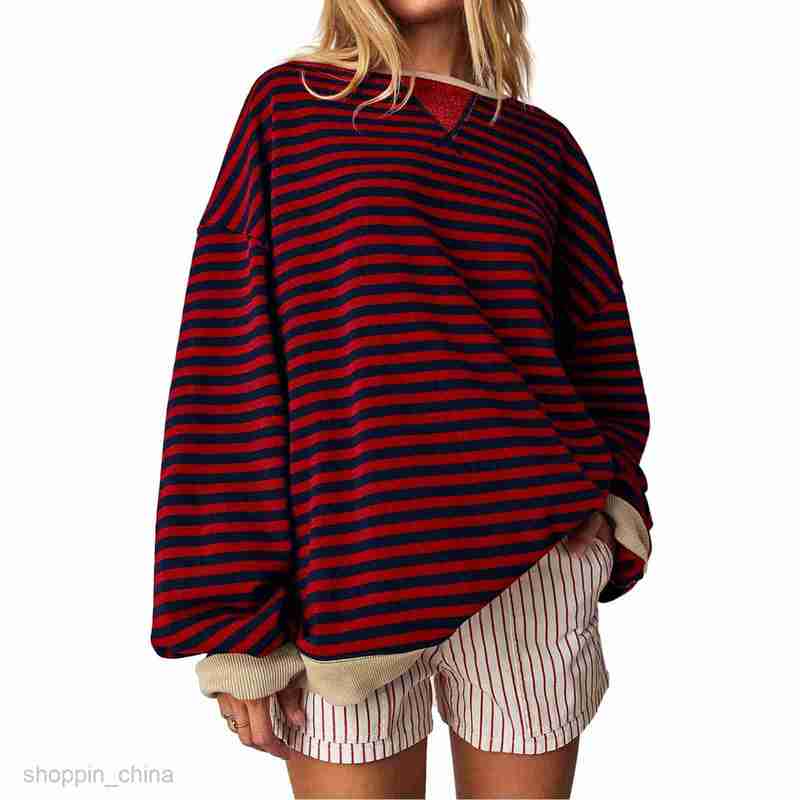 Women Hoodies Sweatshirts Leisure minimalist striped embroidered patchwork with color round neck pullover hoodie long sleeved women's hoodie Woma