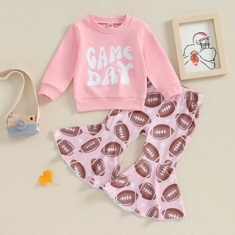 Clothing Sets 2023-08-17 Lioraitiin 6M-4Y Toddler Baby Girls Rugby Clothing Outfits Letter Round Neck Sweatshirt and Flared Pants Kids Set