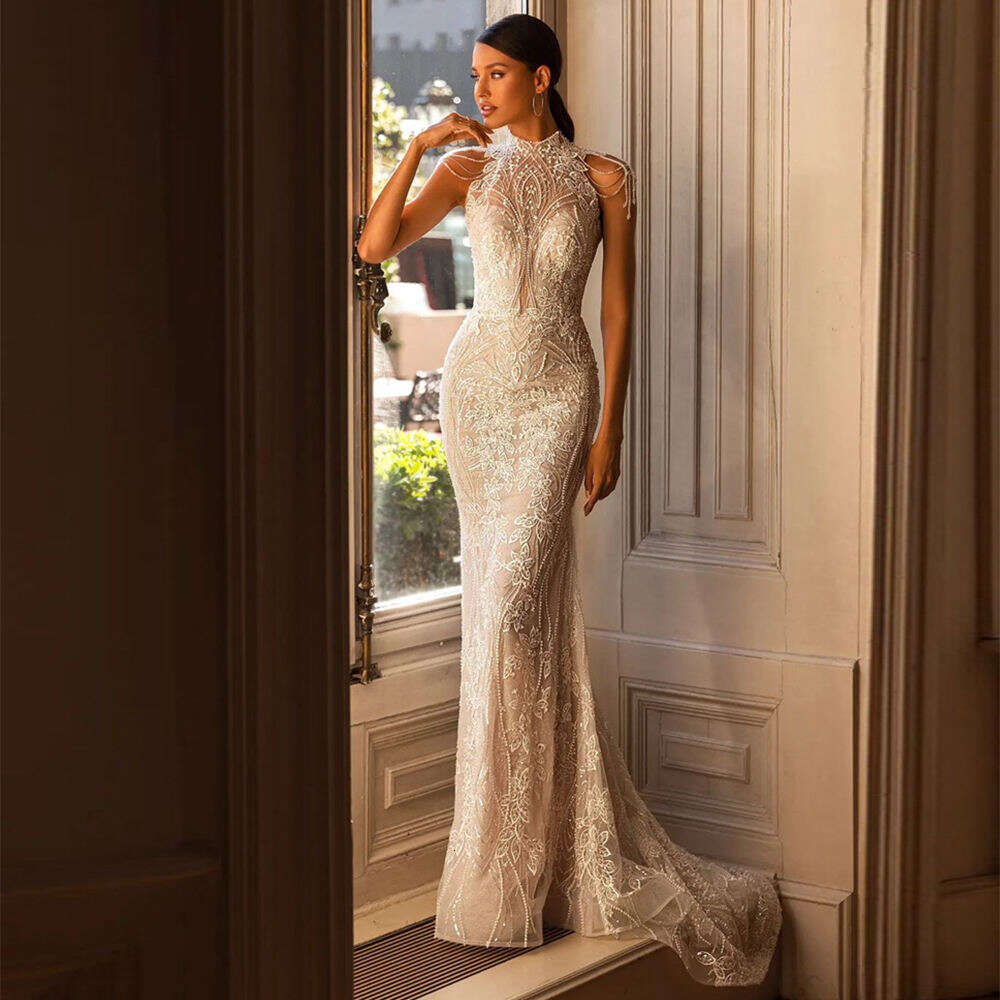 Princess Mermaid Wedding Dresses Beading Appliqued Lace Bridal Gowns Custom Made Backless Sweep Train Robe De Mariee