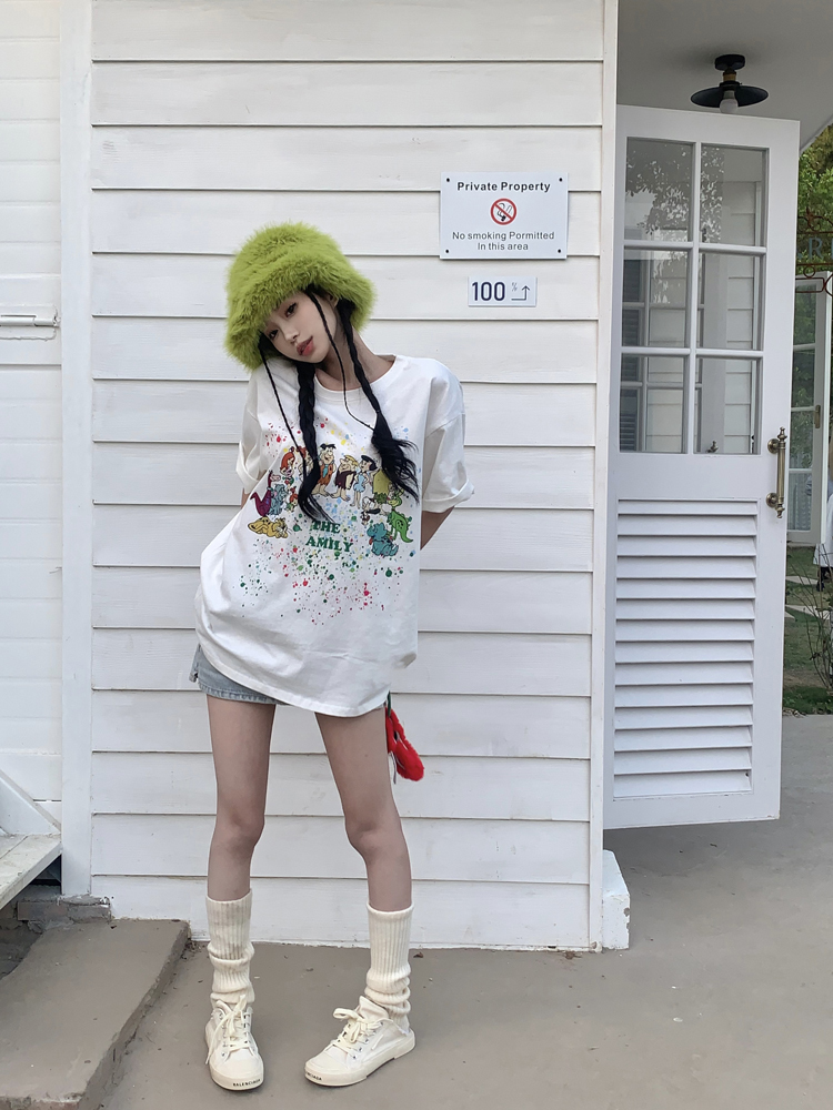 2023 Summer New Cotton Printed Medium to Long Loose Large Short sleeved T-shirt for Women