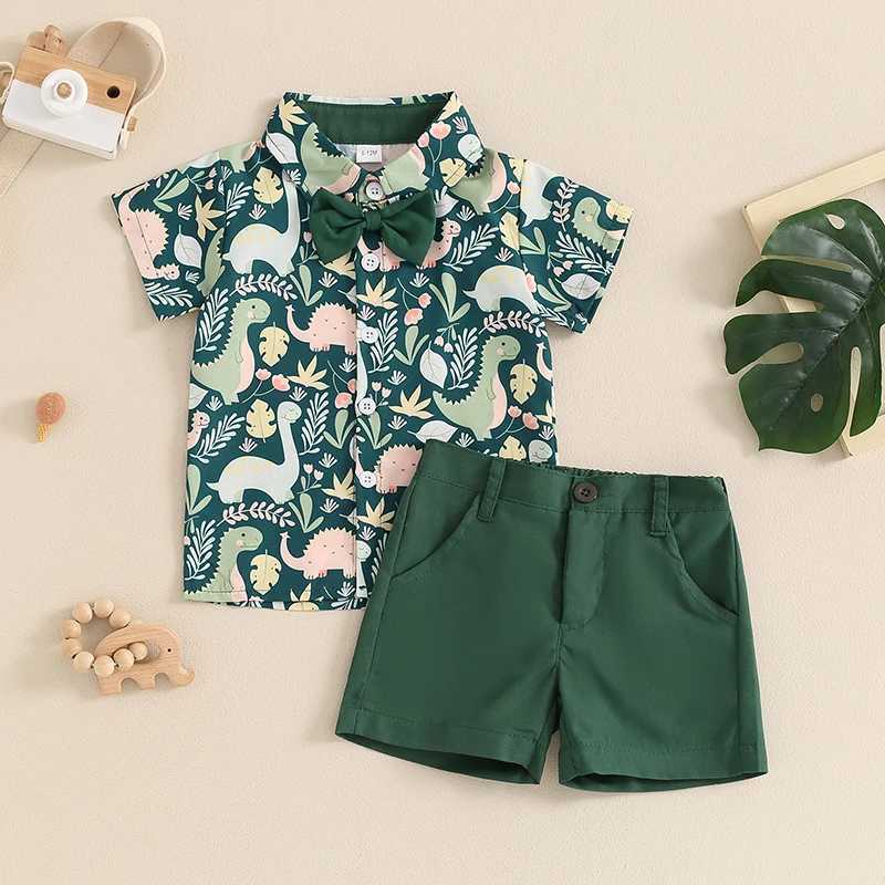 Clothing Sets 2024-04-03 Lioraitiin 6M-4Y Toddler Boy Gentleman Outfit Dinosaur Print Short Sleeves Button Shirt with Bow Tie and Shorts Set