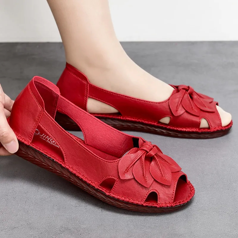 Women Sandals Summer Pu Leather Breathe Comfort Ladies Flats Red Slip on Soft Sole Mom Shoes Fashion Sandalias De Mujer