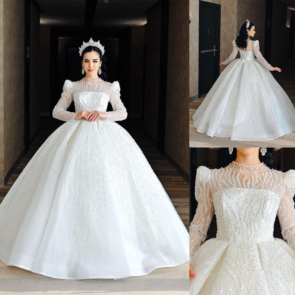 Dubai Ball Gown Wedding Dresses Long Sleeves Appliques Lace Bridal Custom Made Sweetheart Beading Robes De Mariee