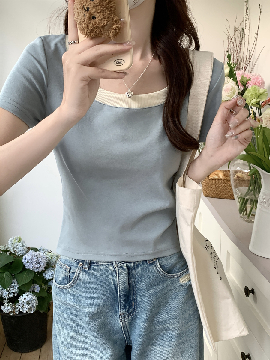 Contrast color U-neck shoulder sleeved T-shirt for women's 2024 summer new commuting Korean style versatile small short top