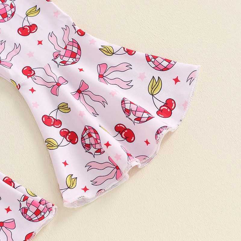 Clothing Sets 2024-04-22 Lioraitiin Kids Girls Summer Outfits Letter Print Short Sleeve T-Shirt and Floral/Bow Print Flare Pants Headbands Set ZTUF