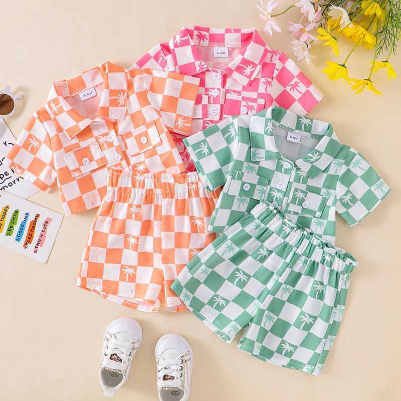 Clothing Sets 2024-05-20 Lioraitiin Kid Girl Boy Summer Outfits Checkerboard Print Short Sleeve Lapel Button Down T-Shirt Elastic Waist Shorts