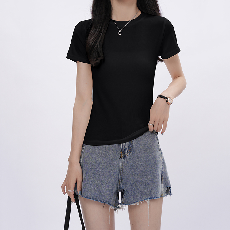 Black shoulder neck short sleeved T-shirt for women in summer, basic style, versatile round neck, slim fit and slimming, spicy girl top