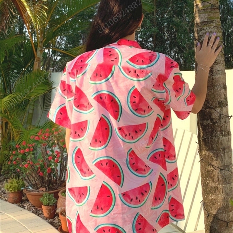 Summer Women Hawaiian Shirt Watermelon Print Ladies Tropical Luau Aloha Blouse Top Vacation Clothes Button Up 240627