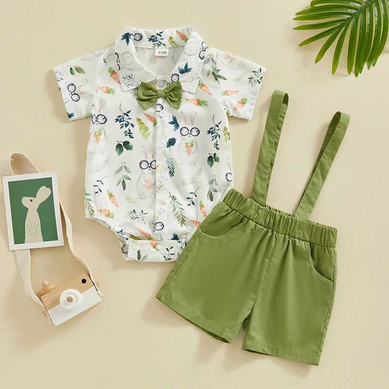Clothing Sets Baby Boy Gentleman Outfit Lapel Neck Short Sleeve Rabbit Print Romper + Suspender Shorts Infant Toddler Easter 2 Piece Set
