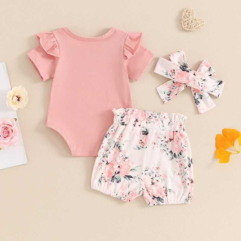 Clothing Sets 2024-03-28 Lioraitiin 0-18M Baby Girls Summer Shorts Sets Pink Letter Print Romper Floral Lantern Shorts Headband Sets