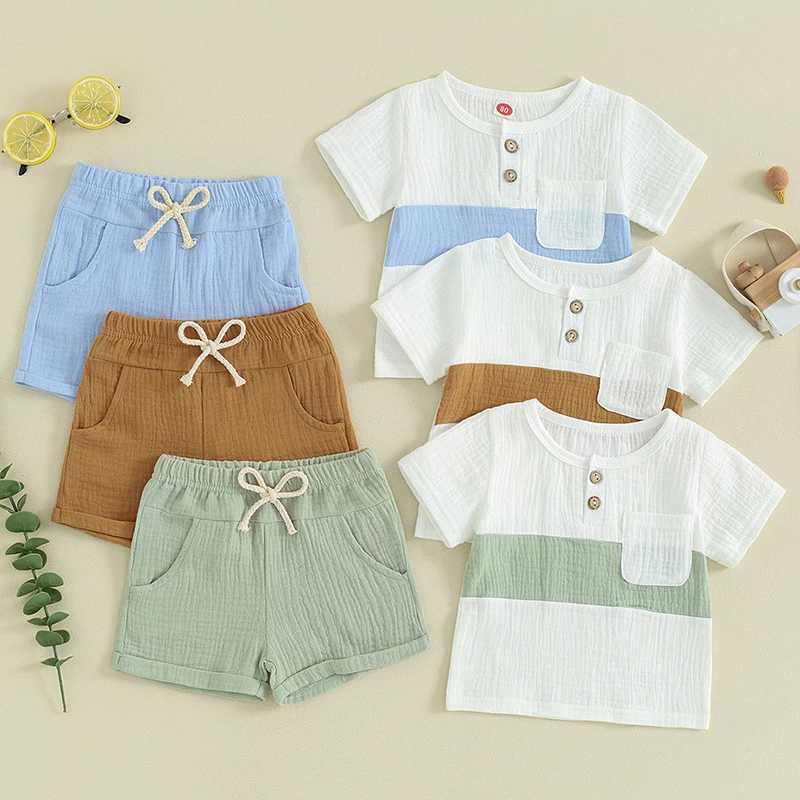 Clothing Sets 0-3Y Toddler Baby Boy Summer Clothes Cotton Soft Short Sleeve Contrast Color Tops and Solid Color Shorts 2Pcs Outfit 2FJ4