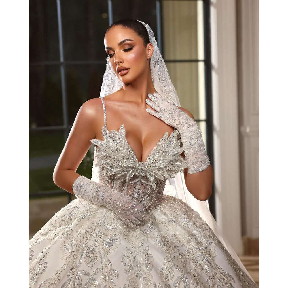 Gorgeous special Dresses Beads Sequins Appliques Lace Ball Bridal Gowns Custom Made Sexy Spaghetti Straps Sweep Train Robe