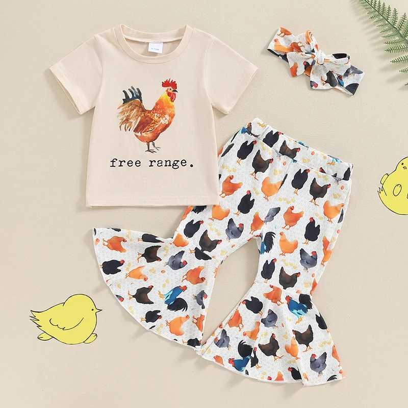 Clothing Sets 2024-04-18 Lioraitiin Kids Girls Flare Pants Set Farm Chicken Short Sleeve O-Neck Tops Long Trousers Cartoon Headpiece Outfits