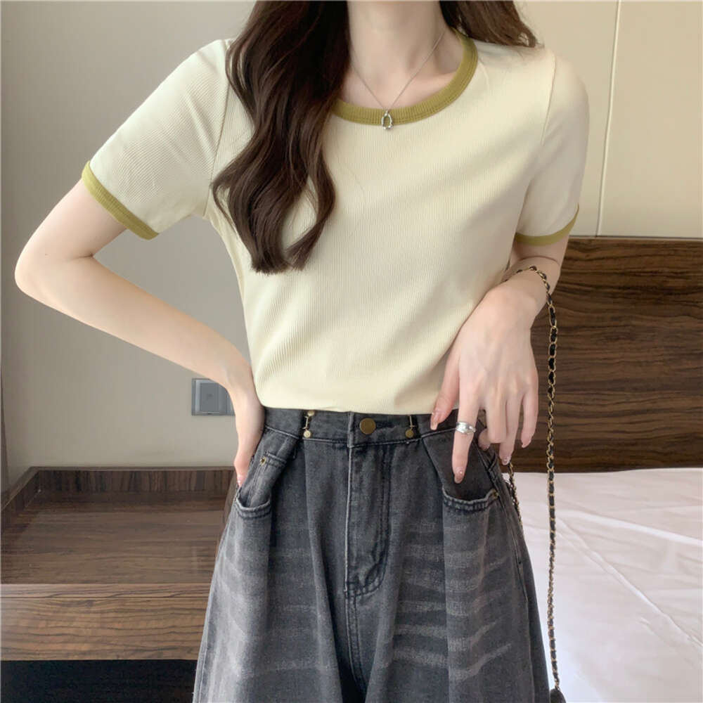 Summer new contrasting high waisted short sleeved T-shirt for women