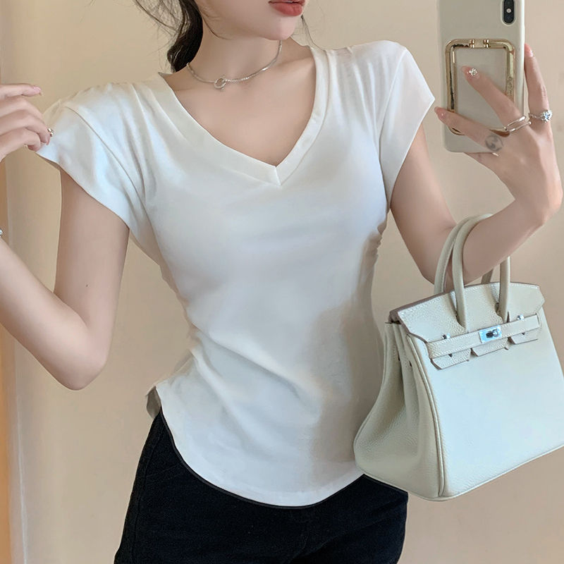 2024 V-neck T-shirt for women, irregular sleeveless vest, mid to long length, slim fit and slimming, spicy girl short sleeved top