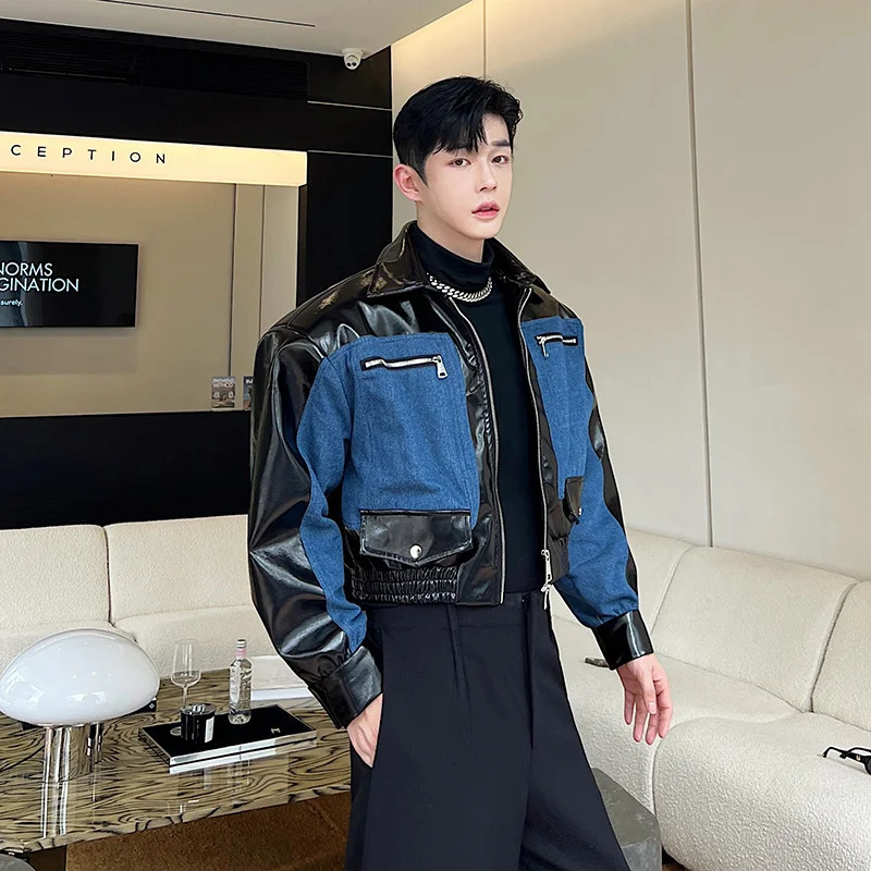NOYMEI Denim Patchwork Silhouette Mens Short Jacket Contrast Color Fashionable Korean Style Autumn Male Coat WA2807 240712