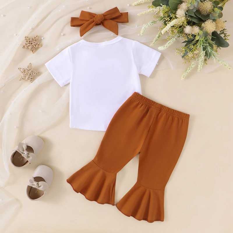 Clothing Sets 2024-05-11 Lioraitiin Baby Girl Summer Outfits Western Style Cow Head Print O-Neck Short Sleeve Tops Flare Pants Headband Set