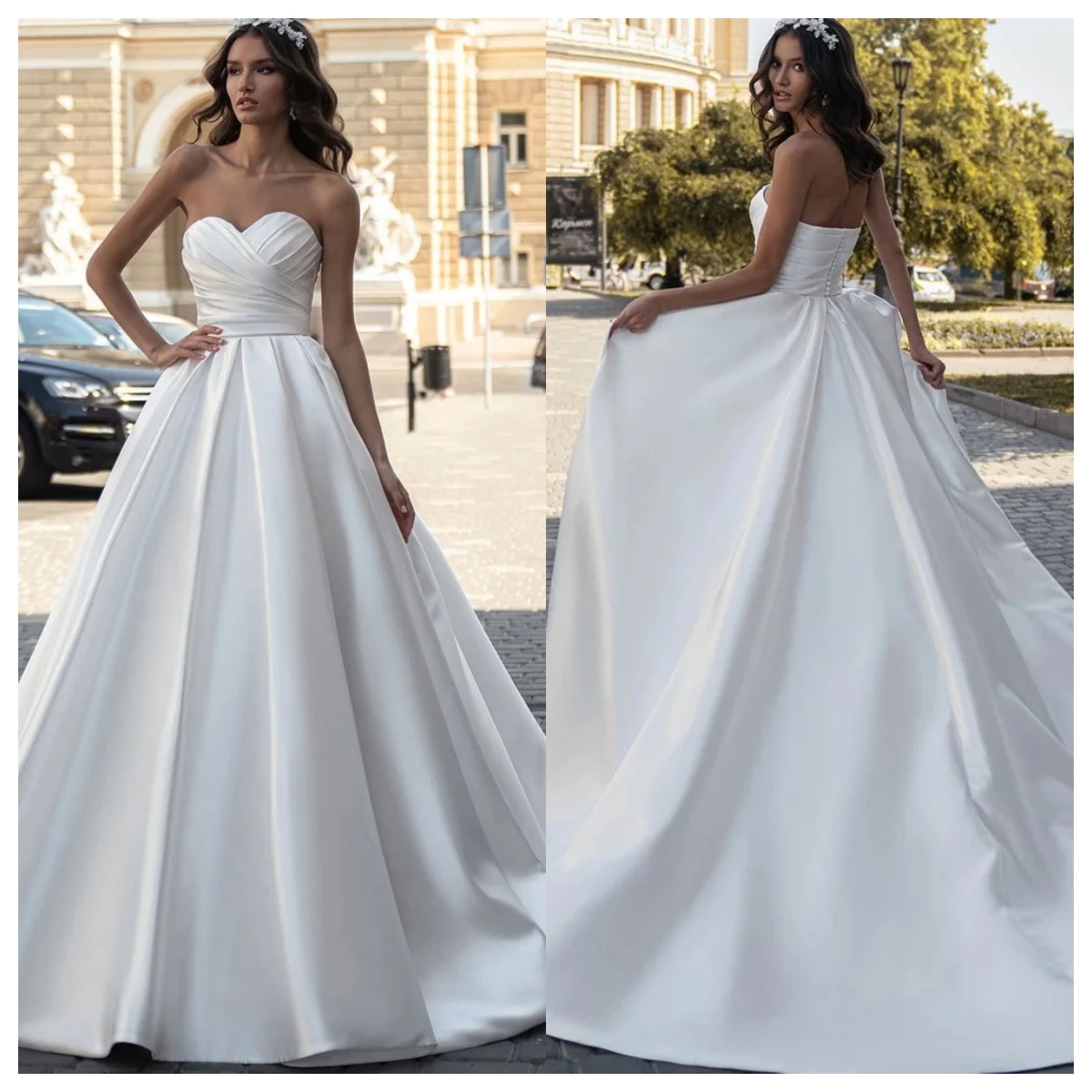 Simple A-e Women Wedding Sweetheart Neck Sleeveless Bridal Gowns Ruffles Sweep Train Dress Custom Made vestidos de novia