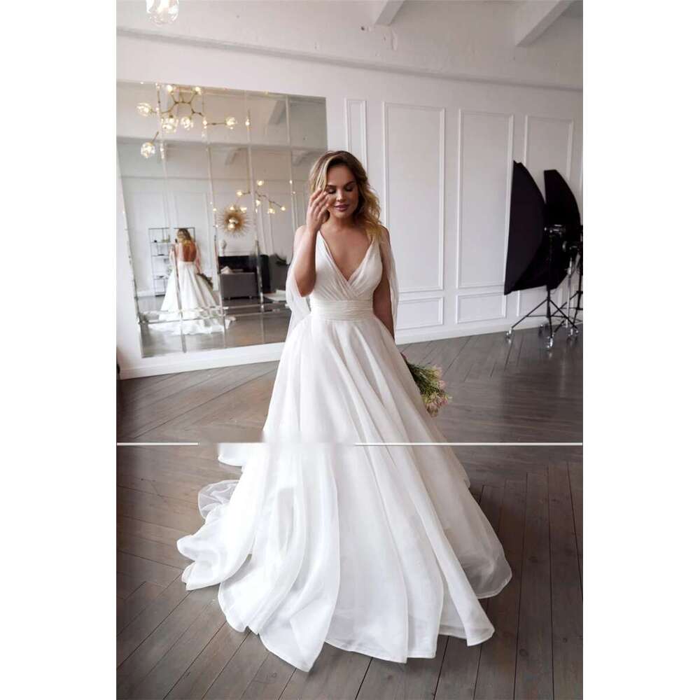Deep V-neck Organza and Tulle Plus Size Wedding Dress Sexy Backless 28W Bridal Gowns Simple